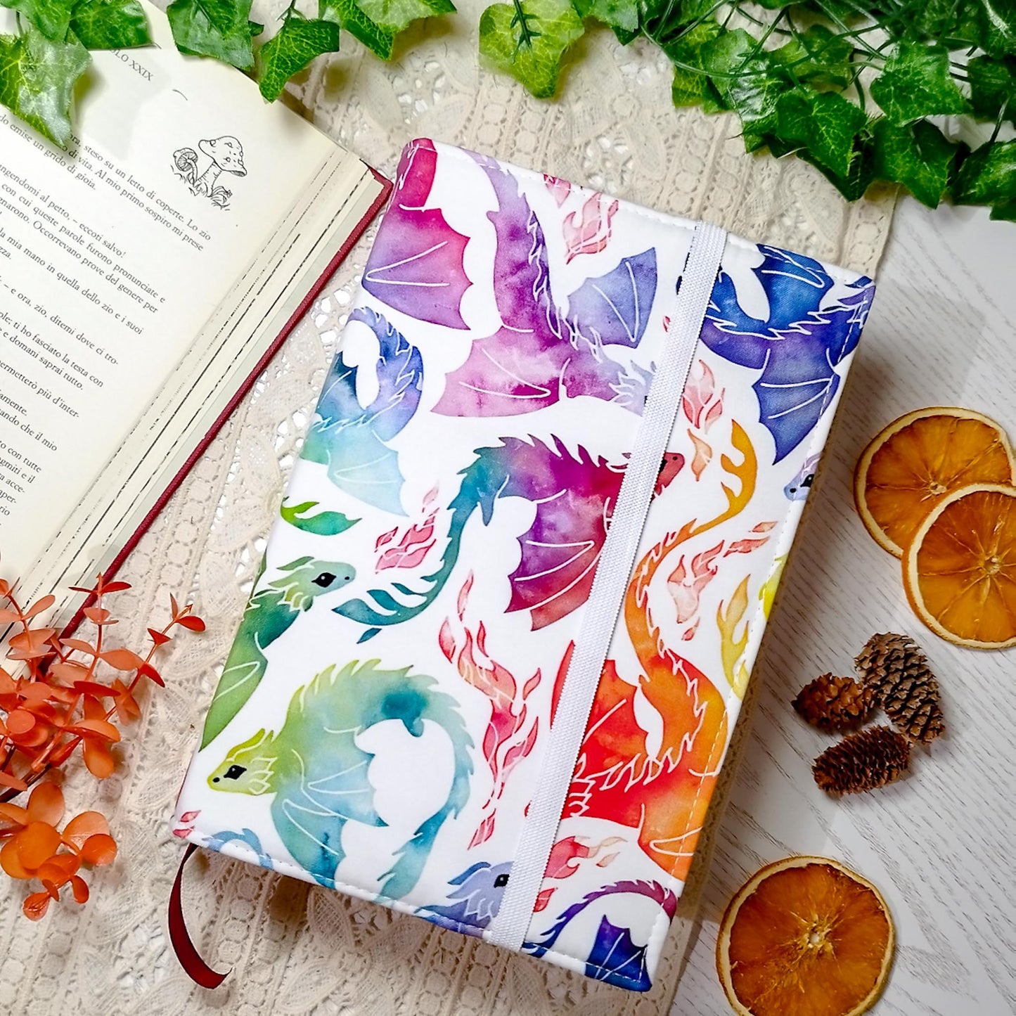 Book cover "Draghi che volano arcobaleno" | Custodia per libri regolabile