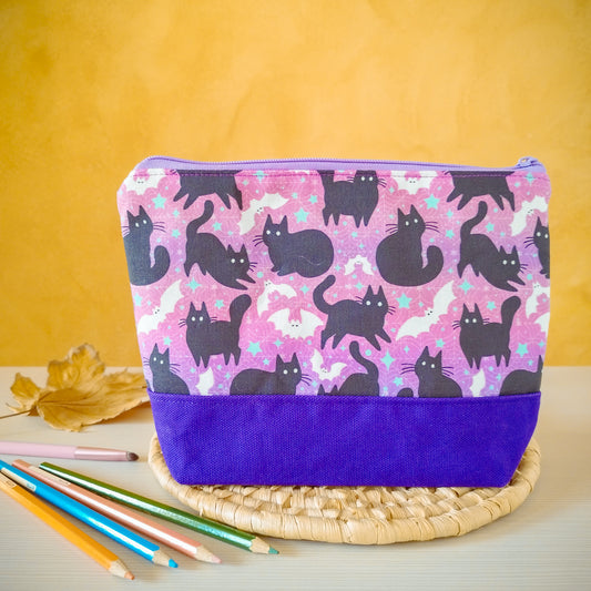 Astuccio grande fantasy gatti e pipistrelli viola - retro