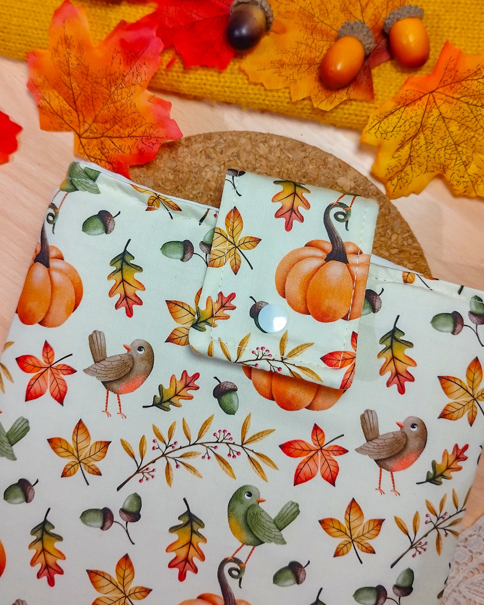Book sleeve custodia per libri uccellini e zucche - bottone