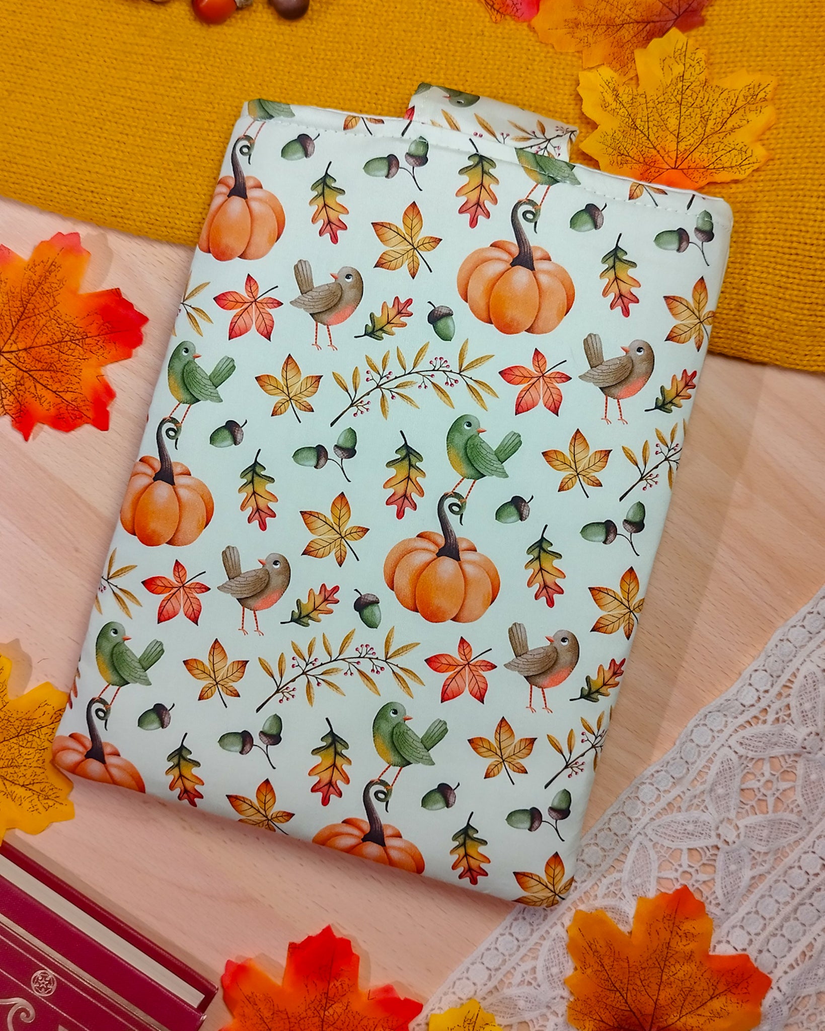 Book sleeve custodia per libri uccellini e zucche - retro