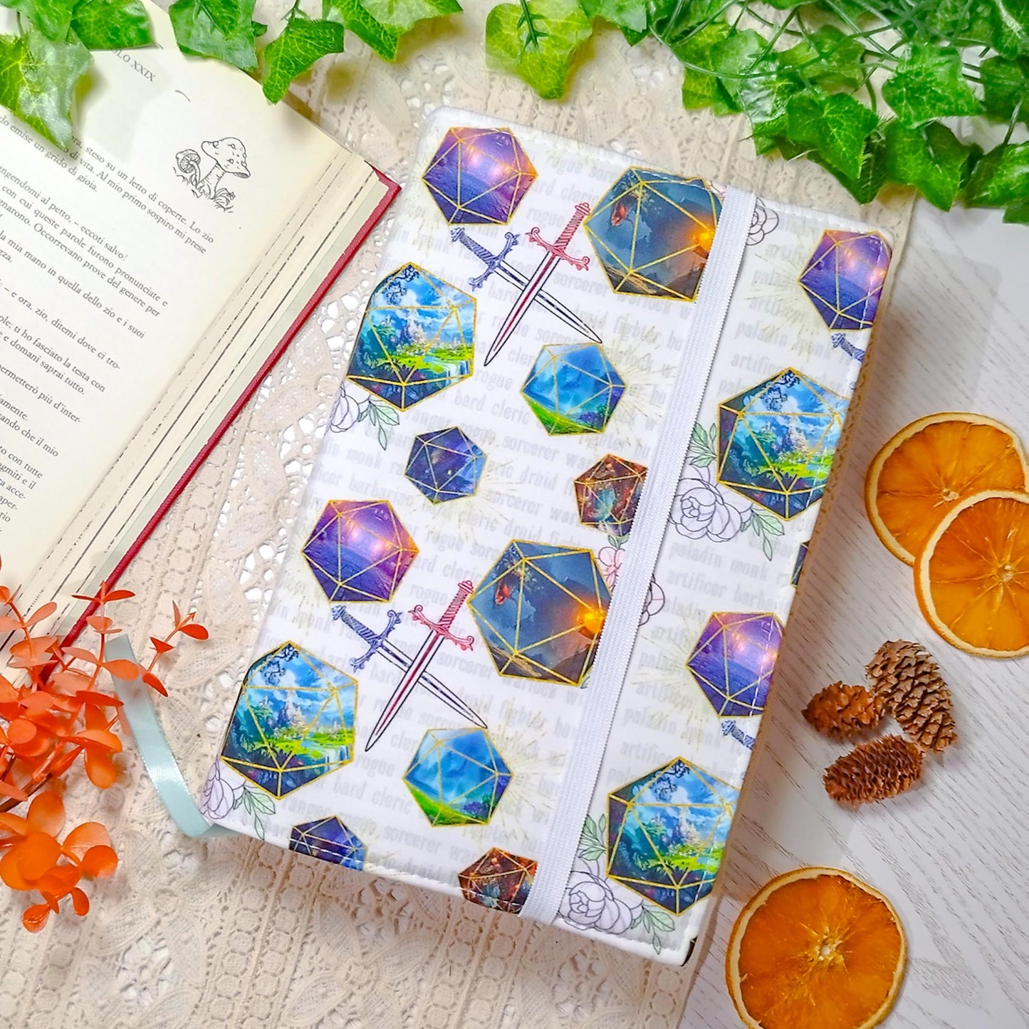 Book cover "Dadi e fiori" | Custodia per libri regolabile