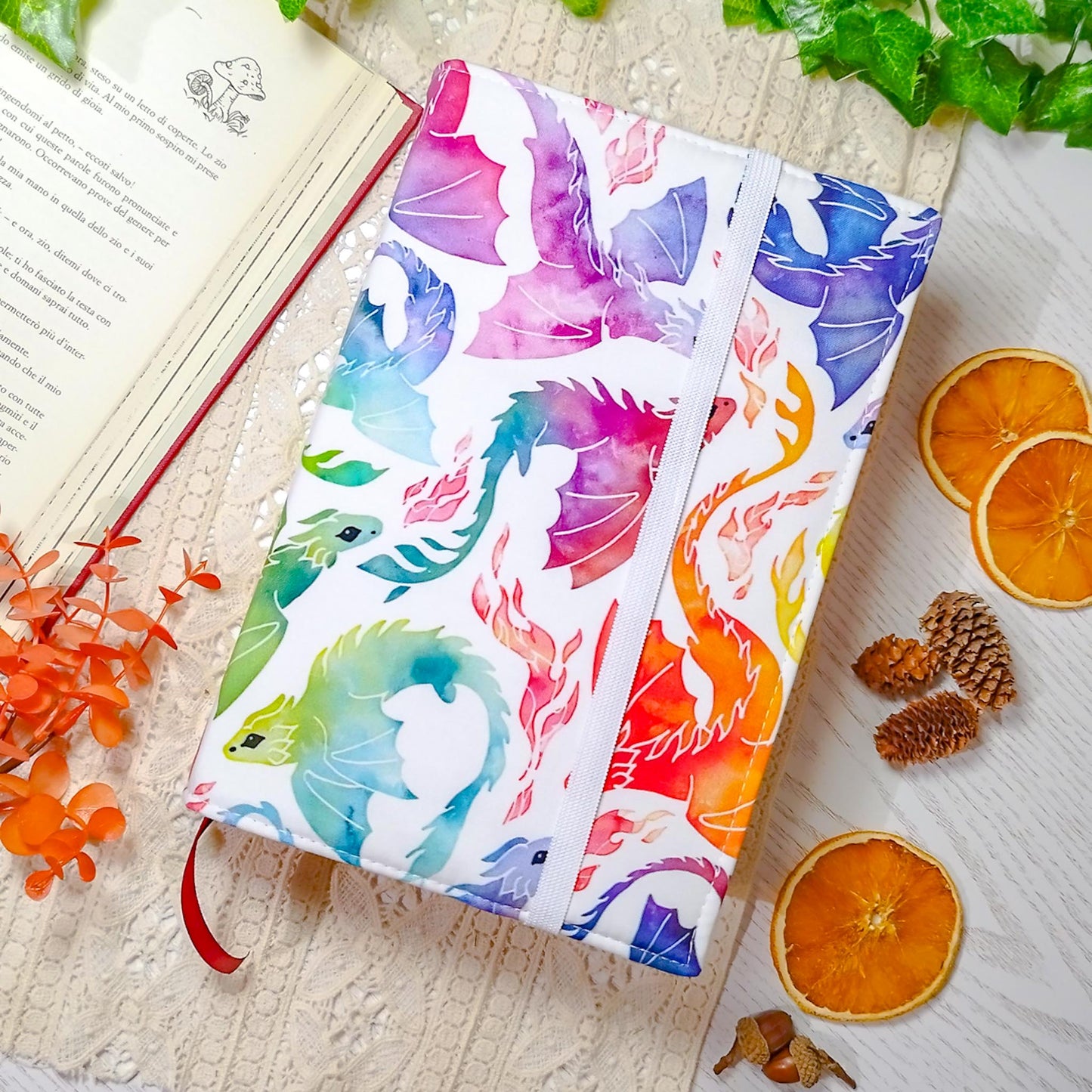 Book cover "Draghi che volano arcobaleno" | Custodia per libri regolabile
