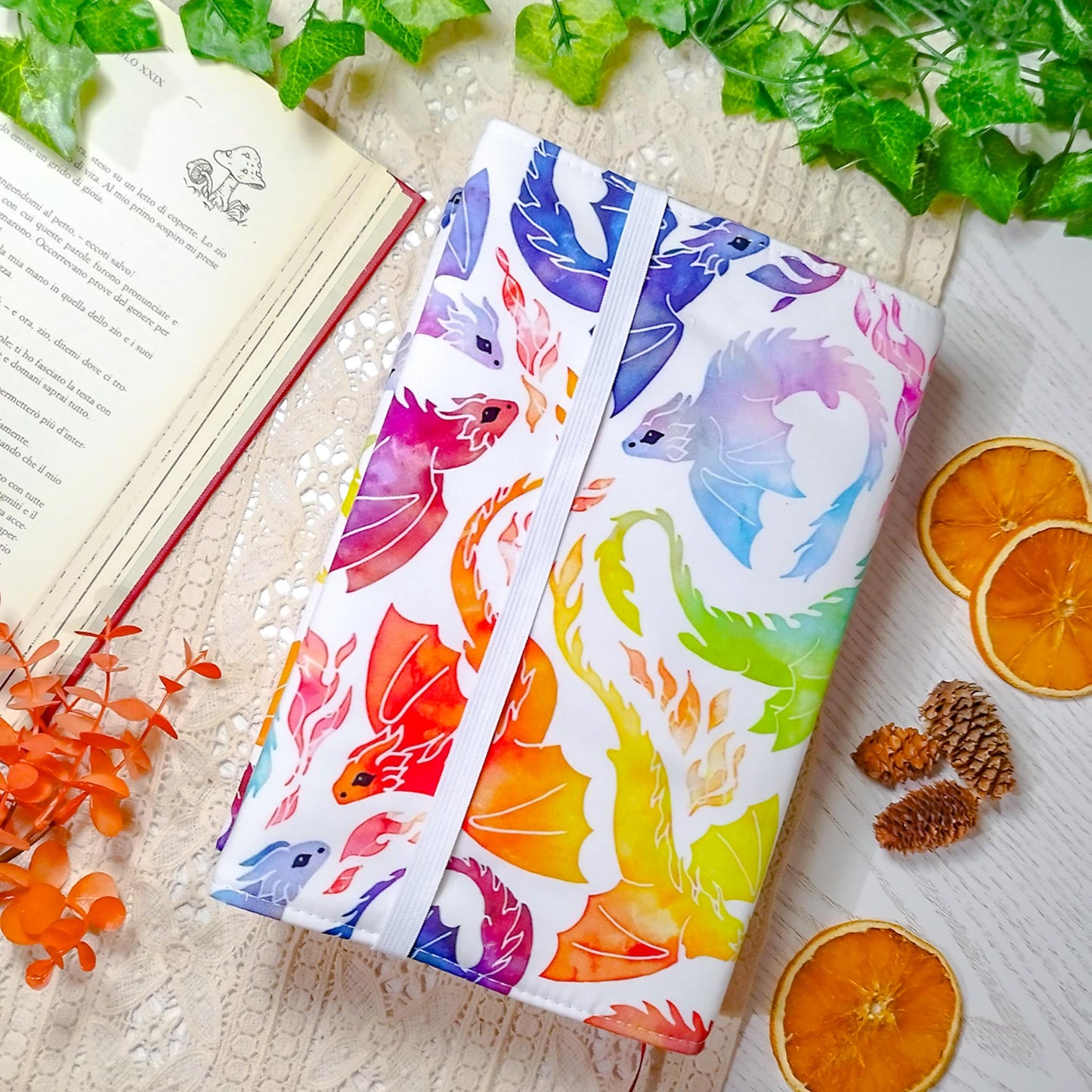 Book cover "Draghi che volano arcobaleno" | Custodia per libri regolabile