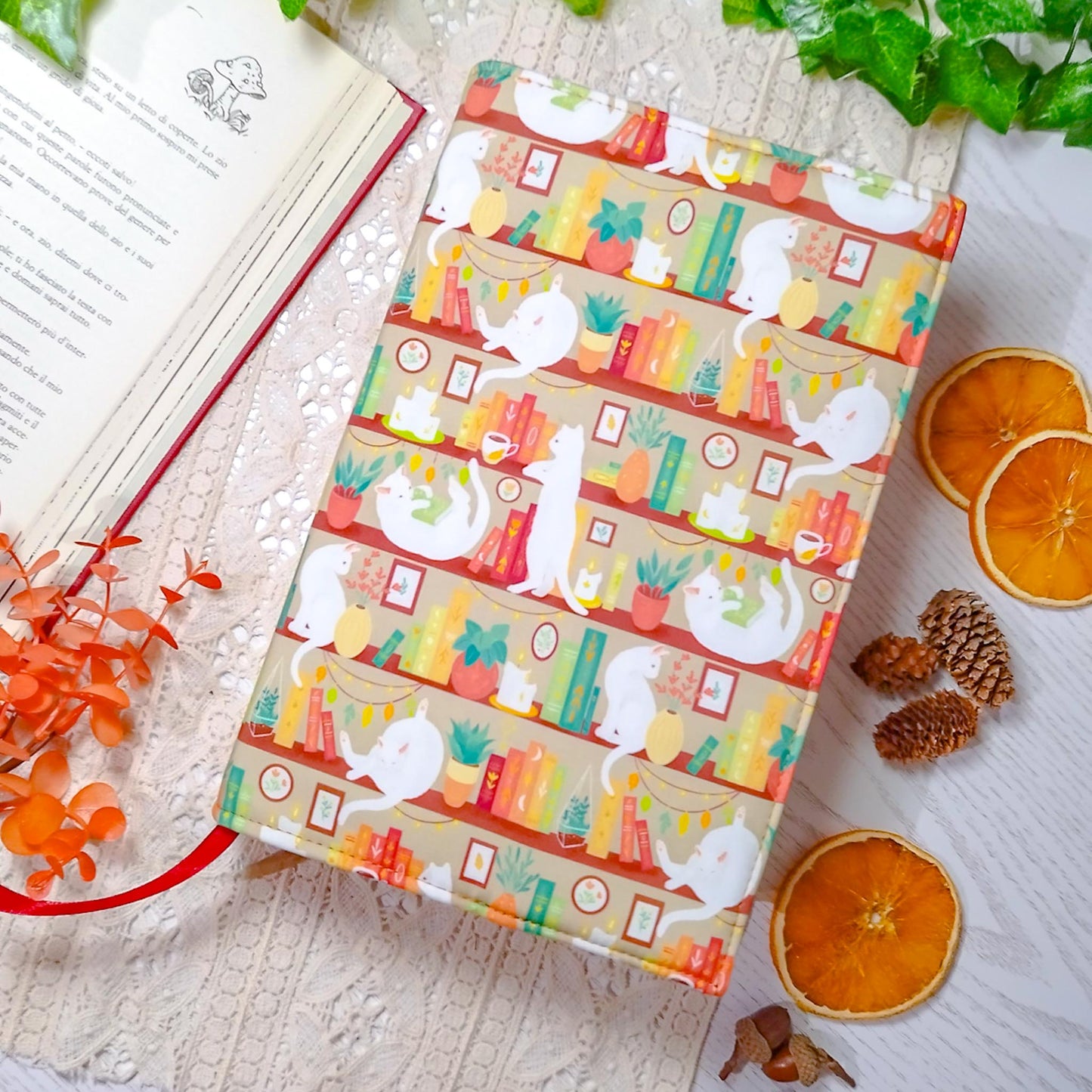 Book cover "Gatti in libreria beige" | Custodia per libri regolabile