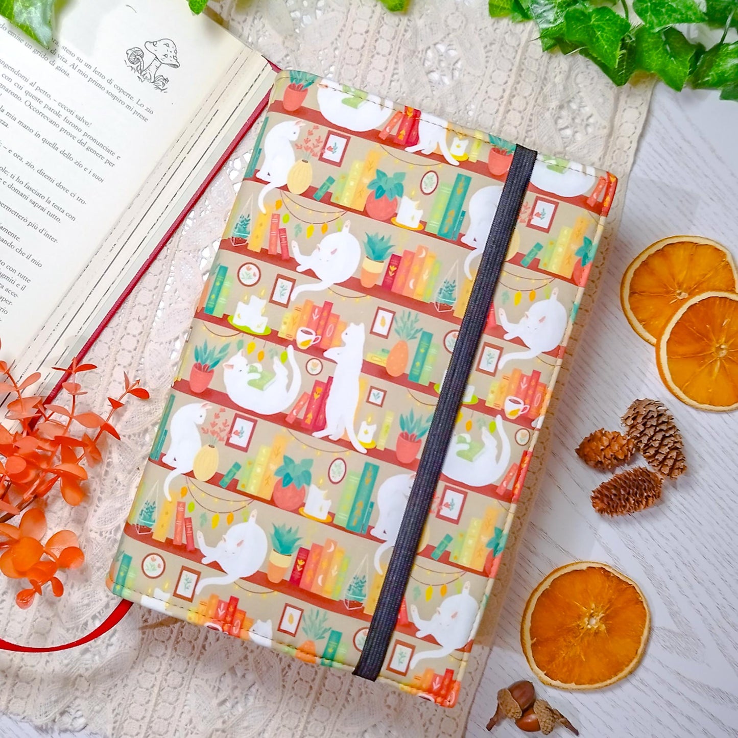 Book cover "Gatti in libreria beige" | Custodia per libri regolabile