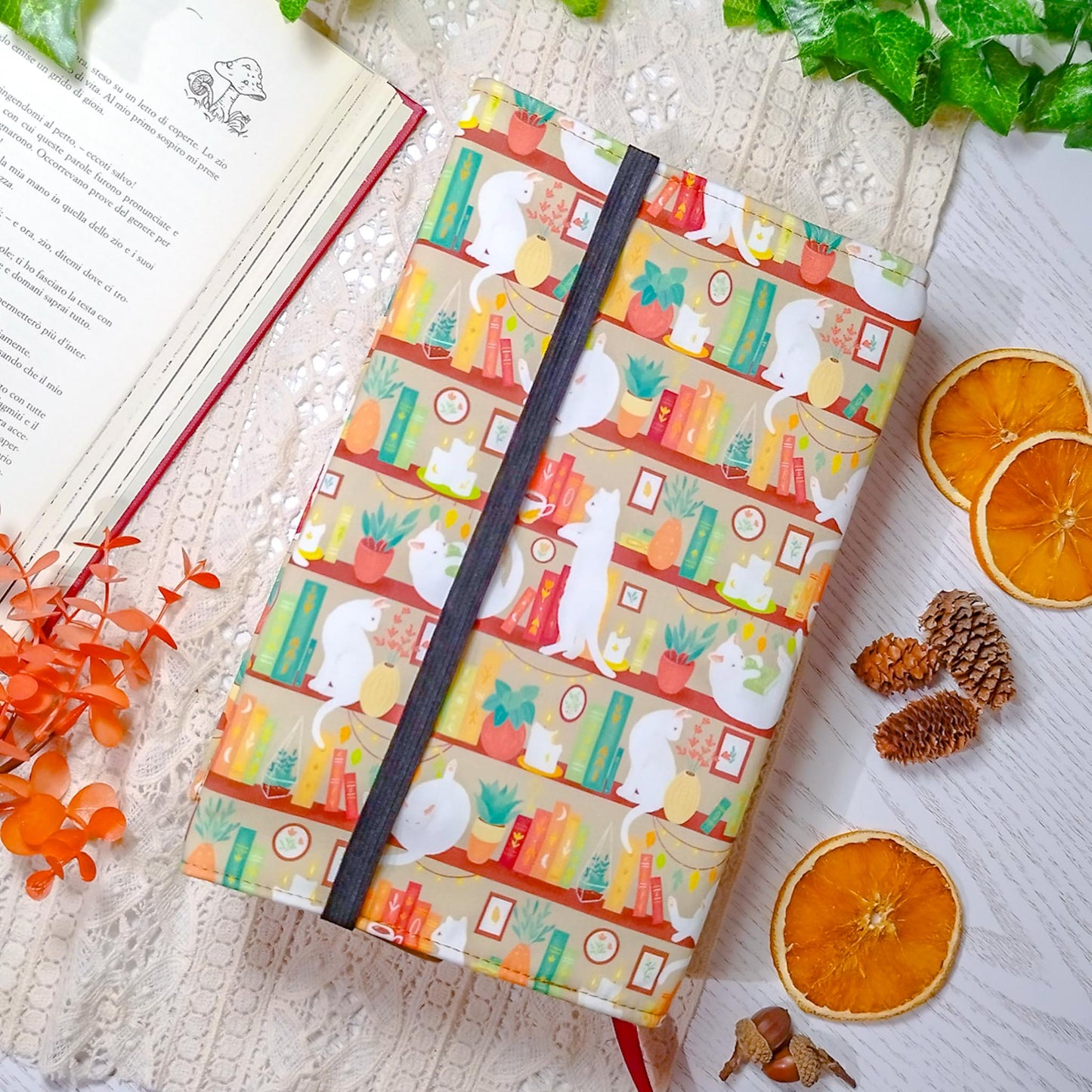 Book cover "Gatti in libreria beige" | Custodia per libri regolabile