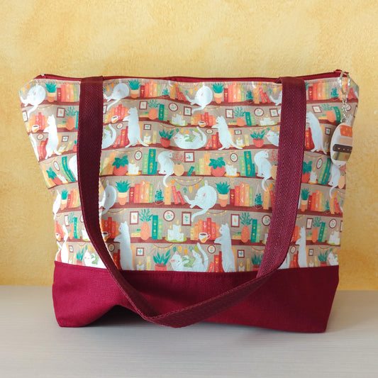 Borsa a spalla "Gatti in libreria beige"