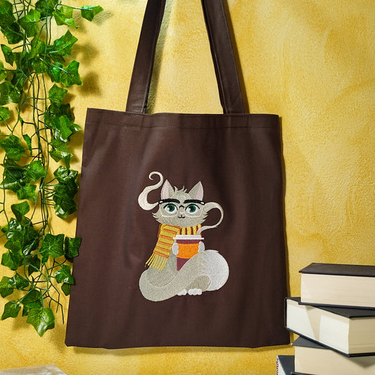 Borsa_shopper_ricamata_fantasy_gatto_e_tazza_cozy_marrone_