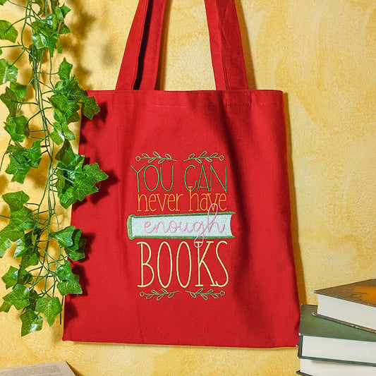 Borsa_shopper_ricamata_fantasy_neve_have_enough_books_rossa_-_fronte