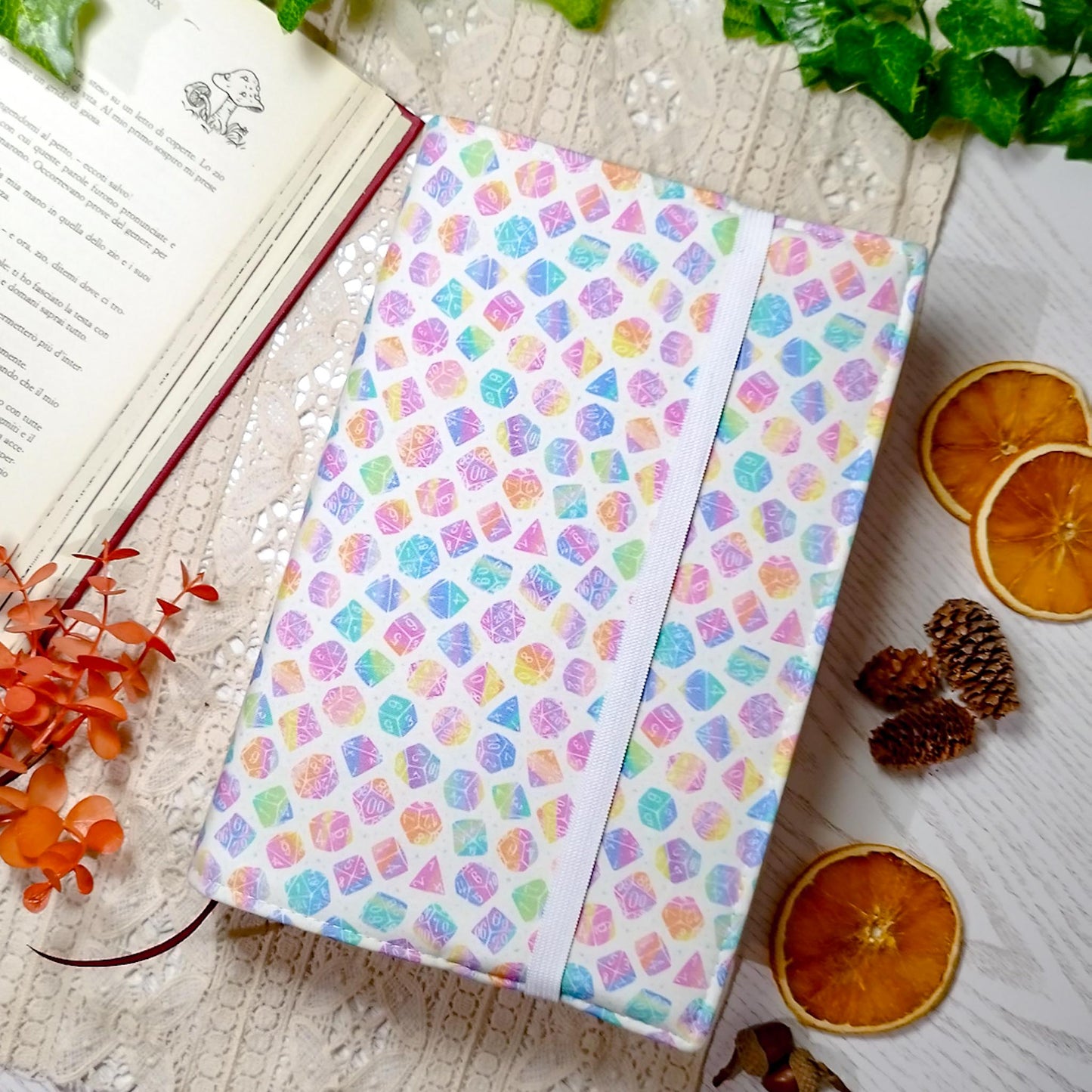 Book cover "Dadi arcobaleno bianca" | Custodia per libri regolabile