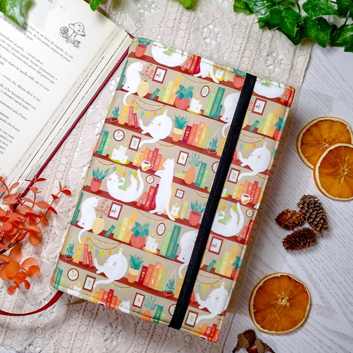 Book cover "Gatti in libreria beige" | Custodia per libri regolabile