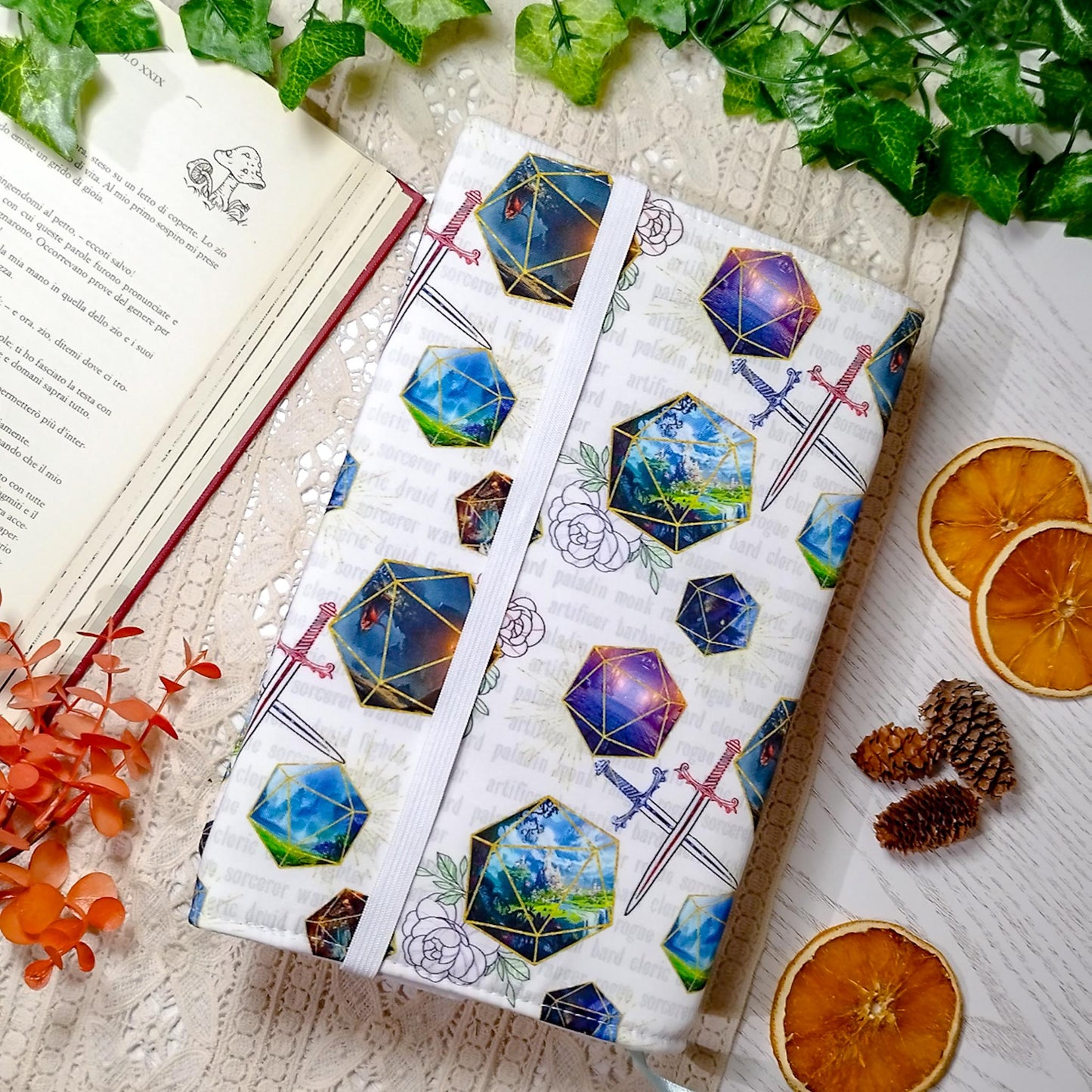 Book cover "Dadi e fiori" | Custodia per libri regolabile