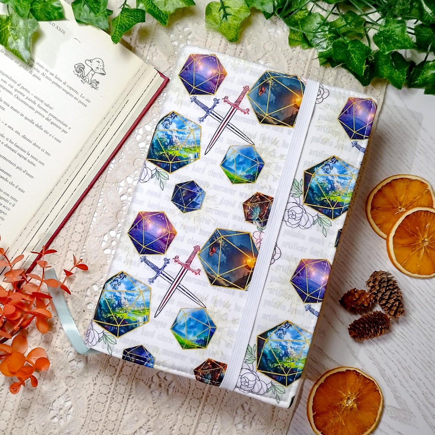 Book cover "Dadi e fiori" | Custodia per libri regolabile