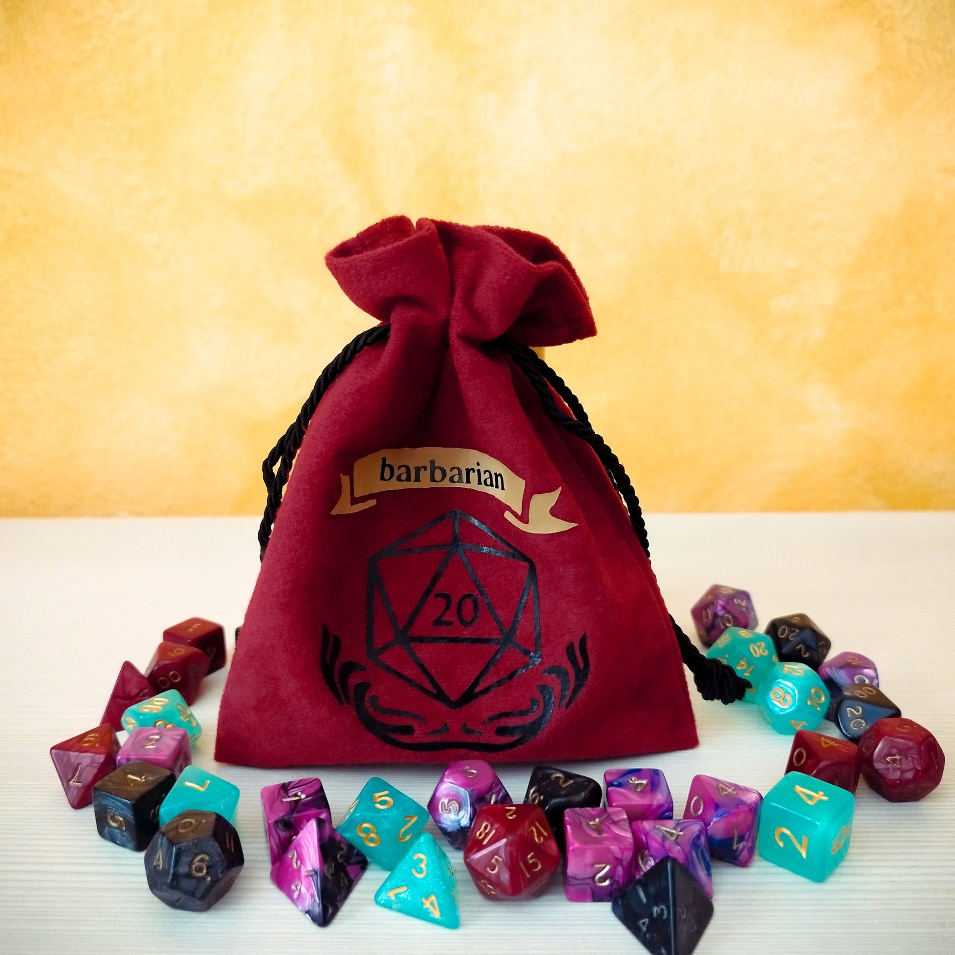 Sacchetto porta dadi classe "Barbarian" con D20