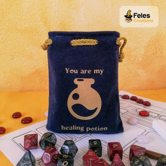 Sacchetto porta dadi blu personalizzato "You are my healing potion" con doppio decoro